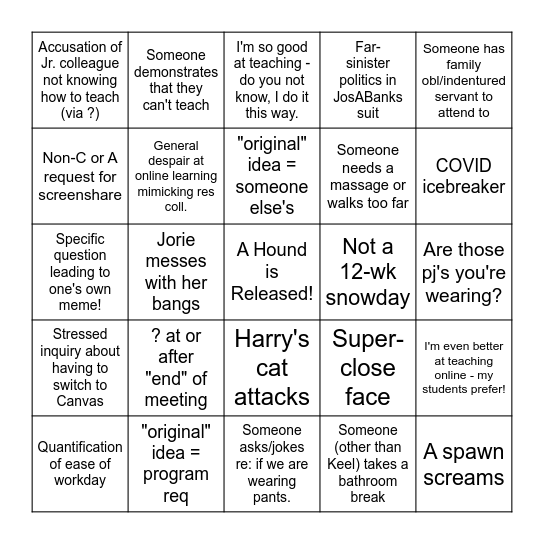 Faculty Meeting S20 Bingo Card
