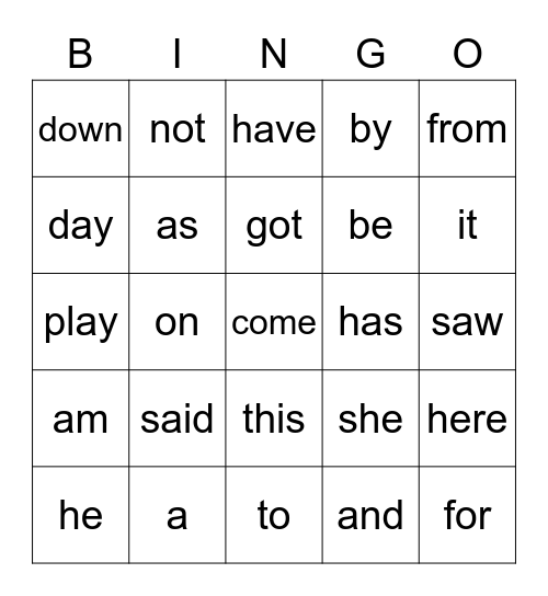 Sight Word Bingo Card