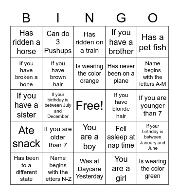 Daycare Bingo Card