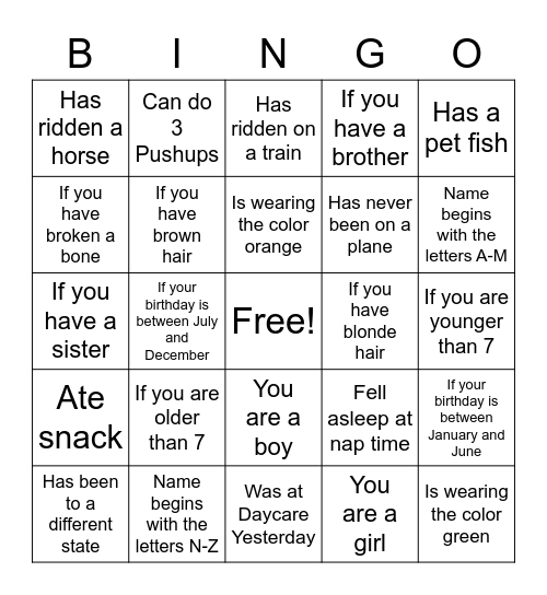 Daycare Bingo Card