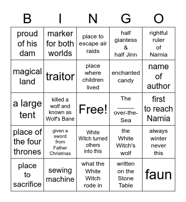 The Lion, the Witch, and the Wardrobe Bingo Card