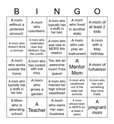 MOPS MOMS Bingo Card