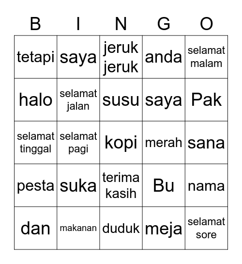Vocabulary Vendor! Bingo Card