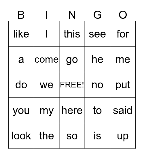 Sight Word Bingo Card