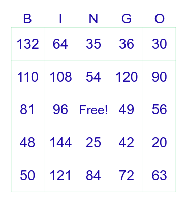Multiplication Bingo Card