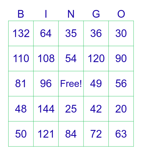 Multiplication Bingo Card