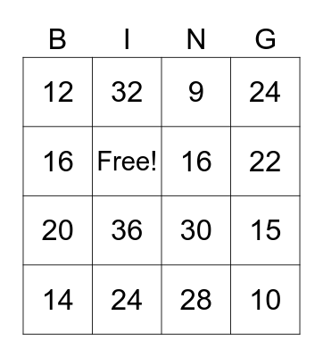 Multiplication Bingo Card