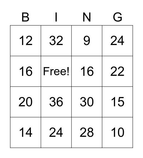 Multiplication Bingo Card