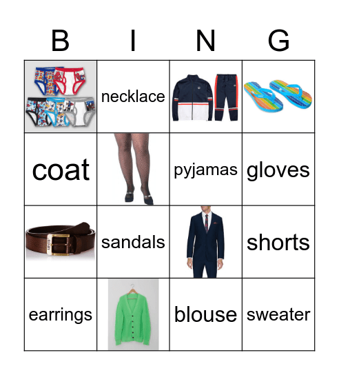 Clothes and Accessories - Revision for Nicola Bingo Card