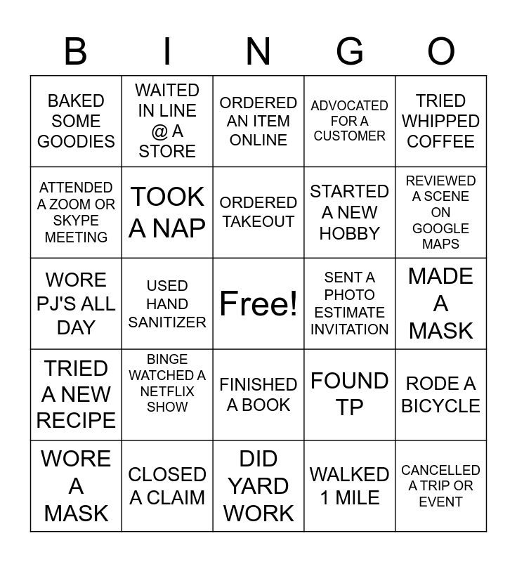 QUARANTINE BINGO Card