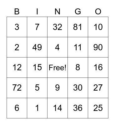 Division/Multiplication BINGO Card