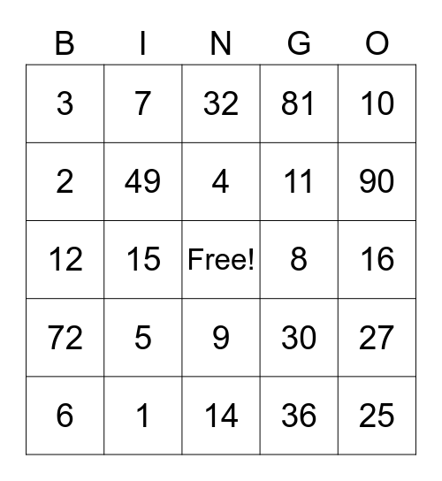 Division/Multiplication BINGO Card