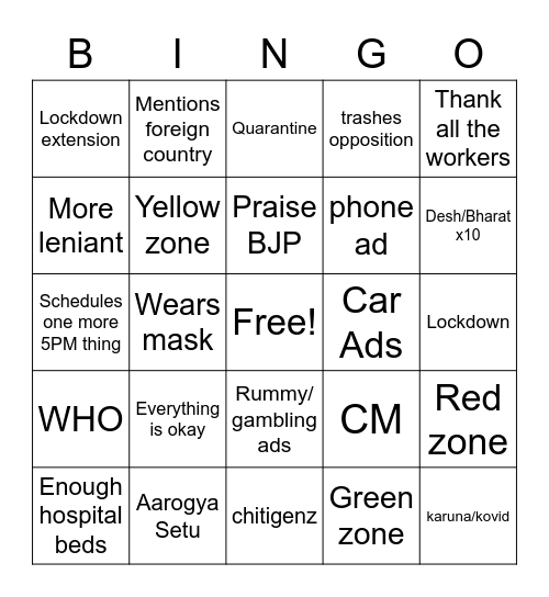 Modi Bingo Card
