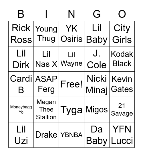 Rapper Bingo Card