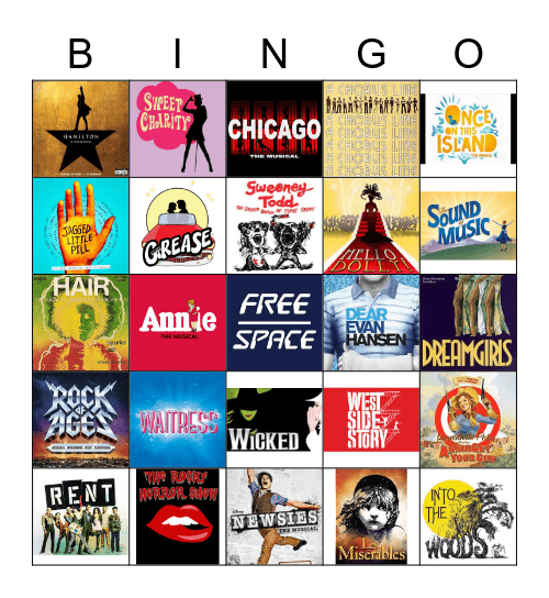 Musical Theatre Sing Along Bingo Card