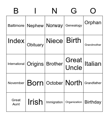 Bingo Genealogy Bingo Card