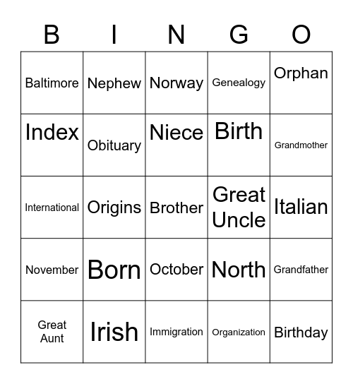 Bingo Genealogy Bingo Card