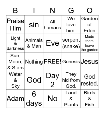 The Creation & the Fall Bingo Card