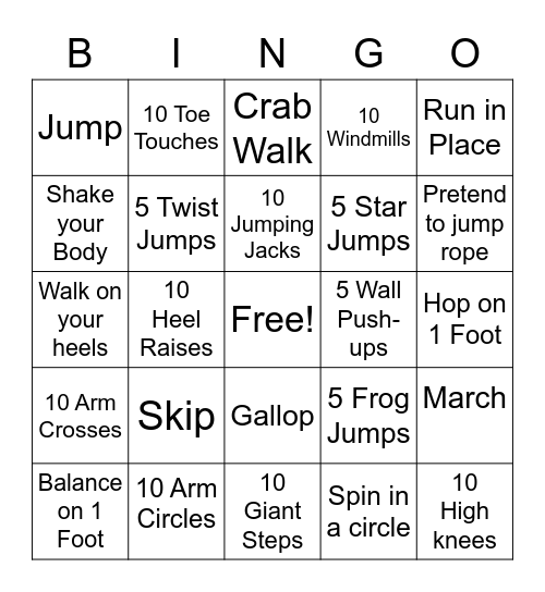 Gross Motor Bingo Card