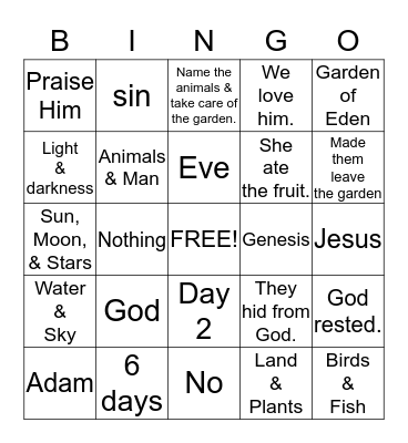 The Creation & the Fall Bingo Card