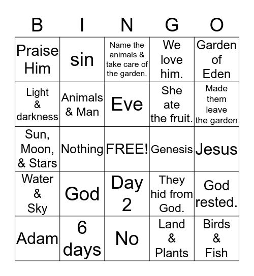 The Creation & the Fall Bingo Card