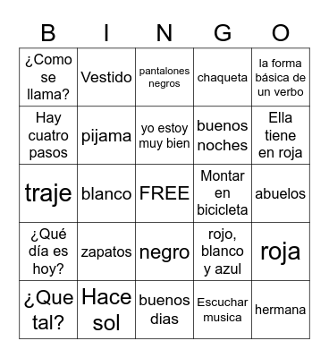Spanish Bingo Card