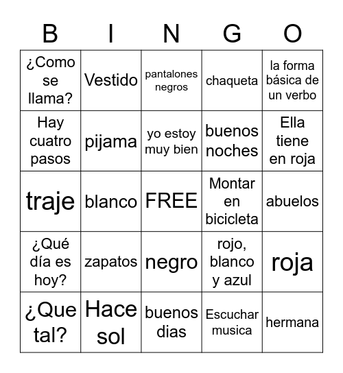 Spanish Bingo Card
