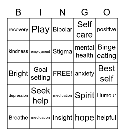 Mental Health Bingo Card