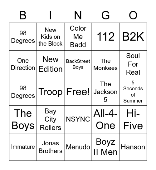 Google Austin Boy Band Music Bingo Card