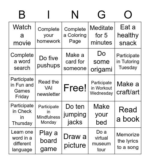 VAI Bingo Card