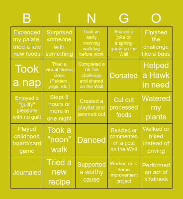 Hawk Wellness Bingo Card