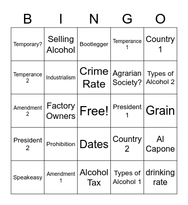 Prohibtion Bingo Card