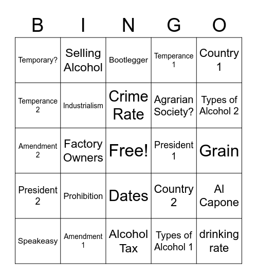 Prohibtion Bingo Card