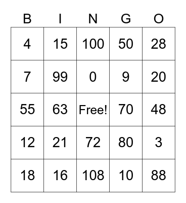 Multiplication Bingo Card