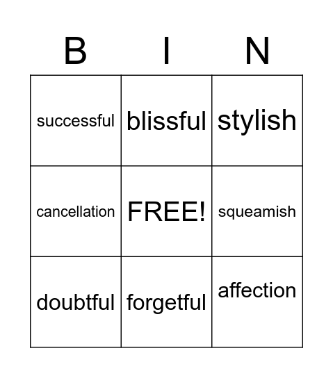 Suffixes 3 x 3 (2) Bingo Card