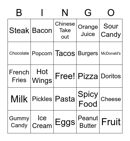 Pregnancy Cravings Bingo Card