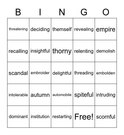 Multi-syllable Words Bingo Card