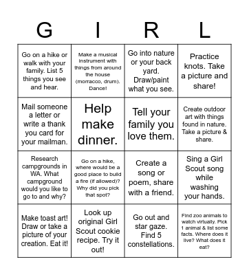 Troop 5130 GIRL Scout Bingo Card