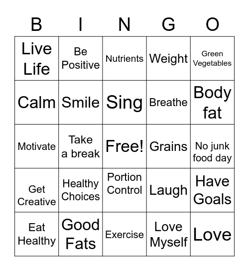 "Healthy Me" Bingo Card