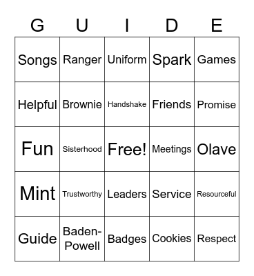 GIRL GUIDE BINGO Card