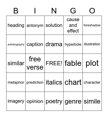 Reading Bingo Card