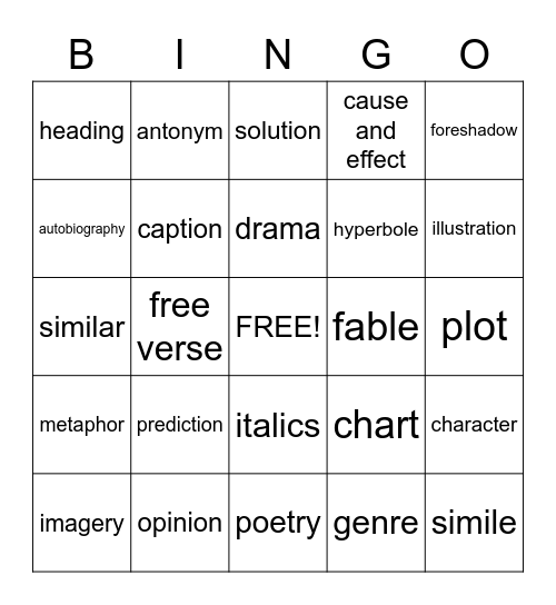 Reading Bingo Card