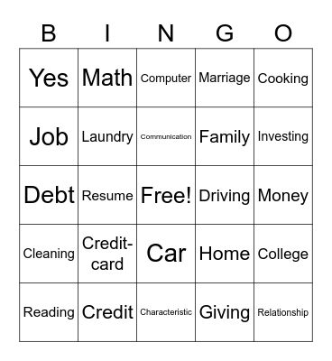 Life Skills Bingo Card