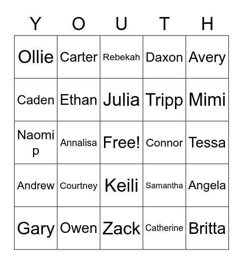 youth bingo Card