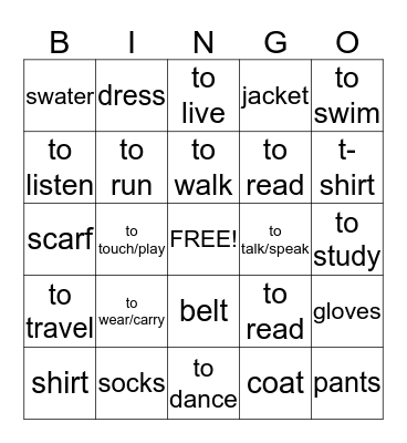 La Ropa y Los Verbos Bingo Card