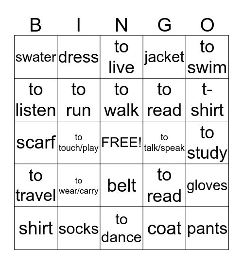 La Ropa y Los Verbos Bingo Card