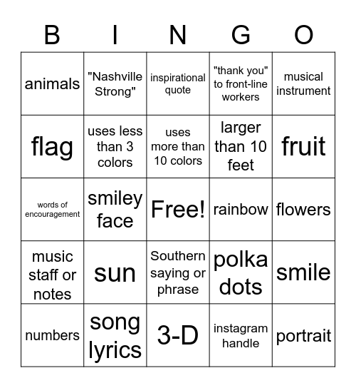 Nashville Street Art Scavenger Hunt Bingo Card