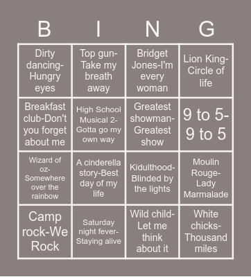 Movie Songs Bingo Card