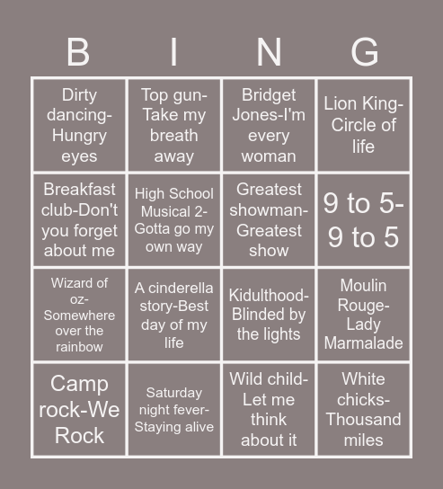 Movie Songs Bingo Card