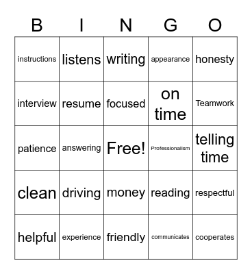 Job Readiness Bingo Card